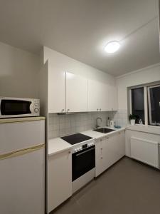 a kitchen with white cabinets and a stove top oven at Skólavörðustígur Apartments in Reykjavík +38 photos
