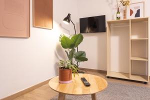 a living room with a table with a plant on it at Studio chic proche aéroport et centre-ville in Charleroi