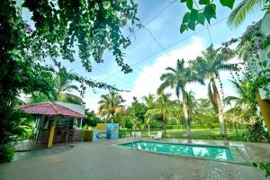 a swimming pool in front of a house with palm trees at Hotel - Granja de Animales San Basilio de Palenque in San Basilio del Palenque
