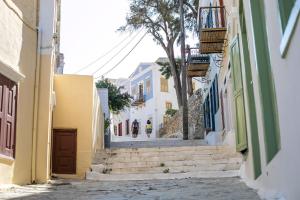 a narrow street with stairs in a town with buildings at Galini & Serena Apartments in Symi