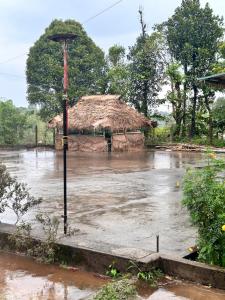 a flooded street with a thatched building and water at Coffee land in Kaniyāmbetta +4 photos