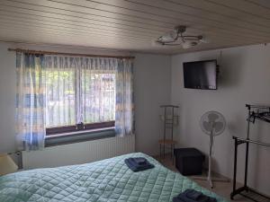 a bedroom with a bed and a window and a fan at Ferienwohnung am Park in Greiz