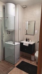 a bathroom with a sink and a toilet and a mirror at Apartament OLIWIA 5 in Nowy Targ +22 photos