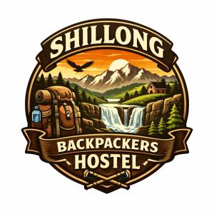a emblem of a backpackers hostel with a waterfall and mountains at Shillong Backpackers Hostel in Shillong