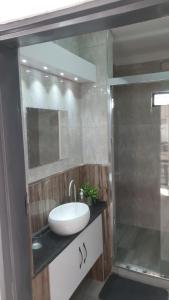 a bathroom with a sink and a shower at Villa Moni in Zomba