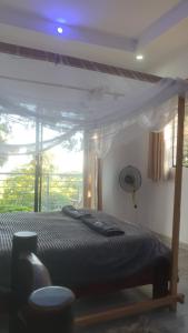 a bedroom with a bed and a large window at Villa Moni in Zomba