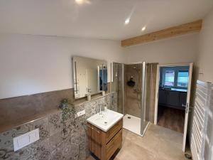 a bathroom with a sink and a shower at Ferienwohnung Theus in Albersdorf +1 photo