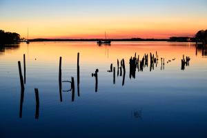 a view of a lake with poles in the water at Risby Cove Boutique Hotel in Strahan