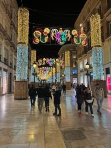 people walking through a shopping mall with christmas lights at Larios Rooms in Málaga