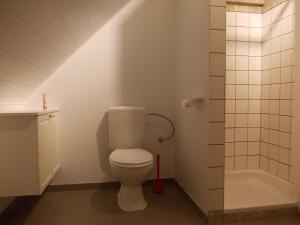 a bathroom with a toilet and a bath tub at Het Zolderhuis in Arendonk