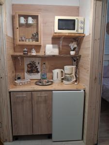 a small kitchen with a refrigerator and a microwave at Studio The Cozy Corner in Timişoara