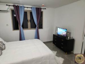 a bedroom with a bed and a tv on a dresser at Simpsons Little Gem 1 in Kingston