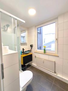 a bathroom with a toilet and a window at Schwert City Loft S41 2 BAD 2 WC 4 Schlafzimmer in Verden