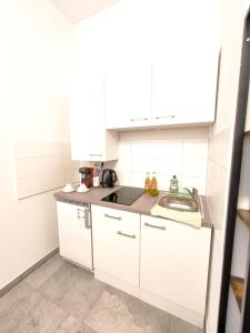 a small kitchen with white cabinets and a sink at Schwert City Loft S41 2 BAD 2 WC 4 Schlafzimmer in Verden