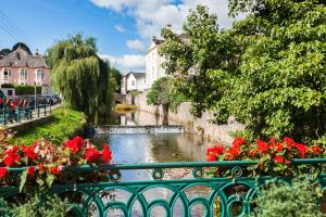 a green bridge over a river with red flowers at 3 Bed in Dawlish oc-c29669 in Dawlish