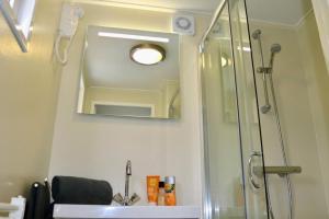 a bathroom with a shower and a sink with a mirror at Cottage Jardenne 6p 3Bdrms in Grupont +19 photos
