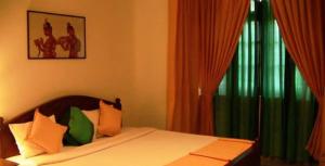 a bedroom with a bed with green curtains and a window at Mount view cottage in Nuwara Eliya