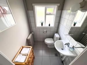 a small bathroom with a toilet and a sink at Finnsstaðir Holiday Home with Hot tub in Egilsstaðir