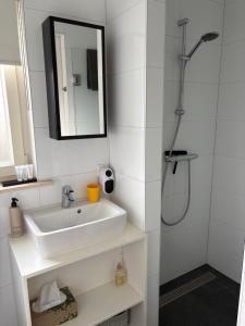 a white bathroom with a sink and a shower at B&B Witvliet, kamers en studio met heerlijk ontbijt ! in Zoutelande +35 photos