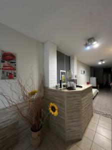 a kitchen with a counter with a flower in a room at IL COLOSSEO B&B CASSINO in Cassino