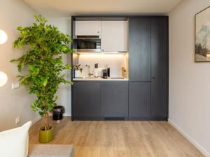 a living room with a black cabinet and a plant at Limehome Düsseldorf Stresemannstraße - Digital Access in Düsseldorf