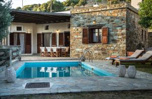 a stone house with a swimming pool in front of a house at Villa Sophia in Andros