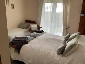 a bedroom with two beds with pillows and a window at North Hollacombe Farm in Colebrooke
