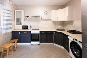 a kitchen with white and blue cabinets and a sink at Yellow House in Pilipets