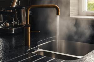 a kitchen sink with water coming from a faucet at Scar View - Getaway for Two - Ridgestone in Underbarrow +24 photos