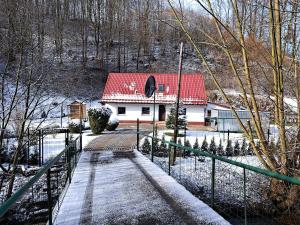 a house with a red roof in the snow at Rancho U Bodzia in Jeleniów
