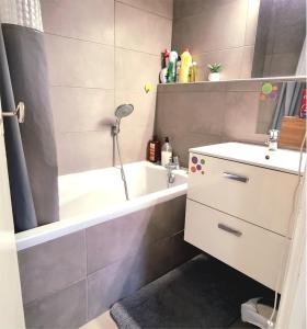 a bathroom with a bath tub and a sink and a bath tub at Grande chambre de 16m2 in La Croix Rousse