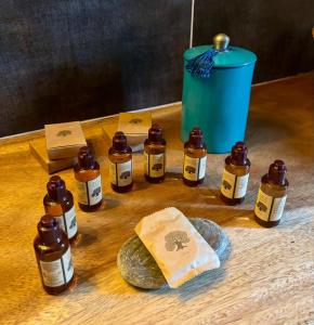 a group of bottles of honey on a table at Les Cailloux Dorés in Massillargues-Attuech