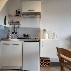 a kitchen with a white refrigerator and a sink at Gîte Volcans - 1-4 pers, au calme à 20 mins de Vulcania, Puy-de-Dôme et Lemptegy, 35 mins du Mont Dore et du Sancy in Gelles