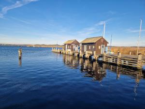 a row of houses on a dock in the water at Mobilheim am Hafen in Gager