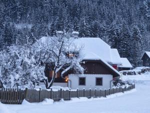 a house covered in snow with a fence at Ferienhaus Almenblick in Fellbach