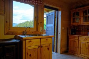 a kitchen with a sink and a large window at Annenhütte in Reichenfels +7 photos
