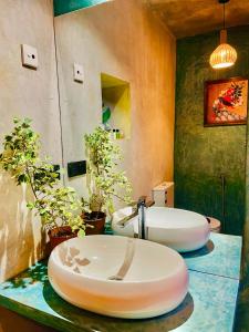 two sinks in a bathroom with two potted plants at Heaven's Acres Lodge - Private one Bedroom Cabana in Matale