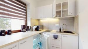 a kitchen with white cabinets and a sink and a window at Studio Fibra Lungo in Rybnik +18 photos