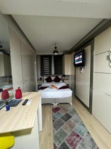 a bedroom with a bed and a flat screen tv at Taksim Pera Premium Gold Hotel in Istanbul