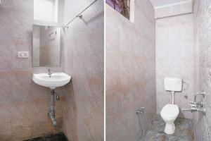 two pictures of a bathroom with a sink and a toilet at Hotel O Kunal guest house in Goa