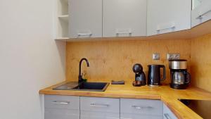 a kitchen with a sink and a coffee maker at Apartament Fibra Cortado in Rybnik