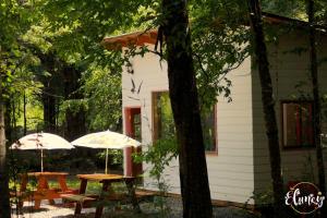 two tables and umbrellas in front of a house at Cafeteria y Cabañas Eluney - Llaurel in Pucón