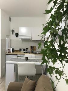 a kitchen with a white counter top and a table at Mini Comfort House Udine in Udine