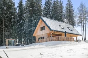 eine Holzhütte im Schnee mit Bäumen in der Unterkunft Chalet Modriach - Private Sauna & Whirlpool in Modriach