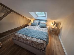 a bedroom with a bed with blue sheets and a window at L'arbre de soie - l'acacia in Vouillé