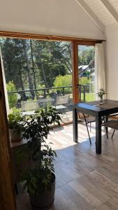 a patio with a table and potted plants at CasaSur-37Robles-2 in Villa La Angostura