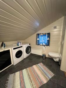 a bathroom with a washing machine and a toilet at Visit Leif at Senja in Gibostad