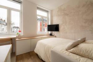 a bedroom with a bed and a flat screen tv at Le Cocoon Studio 2 voyageurs in Arras