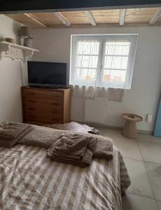 a bedroom with a bed and a tv and windows at L'escale les pieds dans l'eau in Barbâtre +41 photos