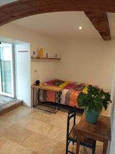 a bedroom with a bed and a desk with a plant at Studio cosy in Champs